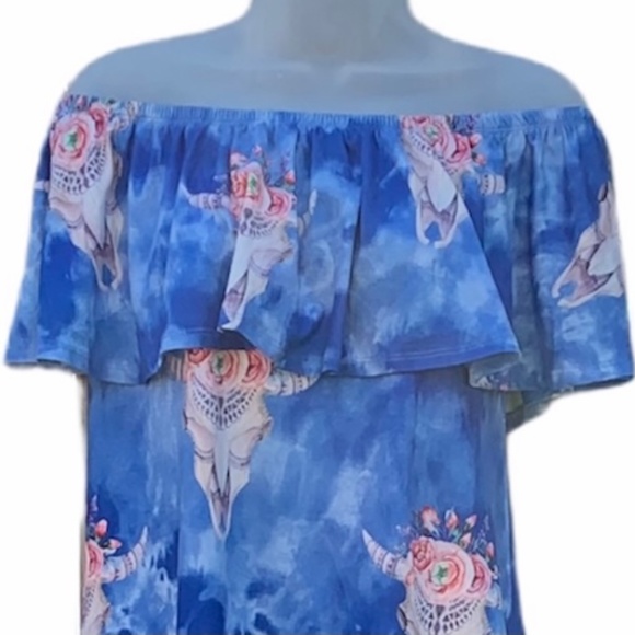 WONDERLAND by ORANGE Off the Shoulder‎ Flounce Cow Skulls Blue  Dress S - Picture 2 of 9